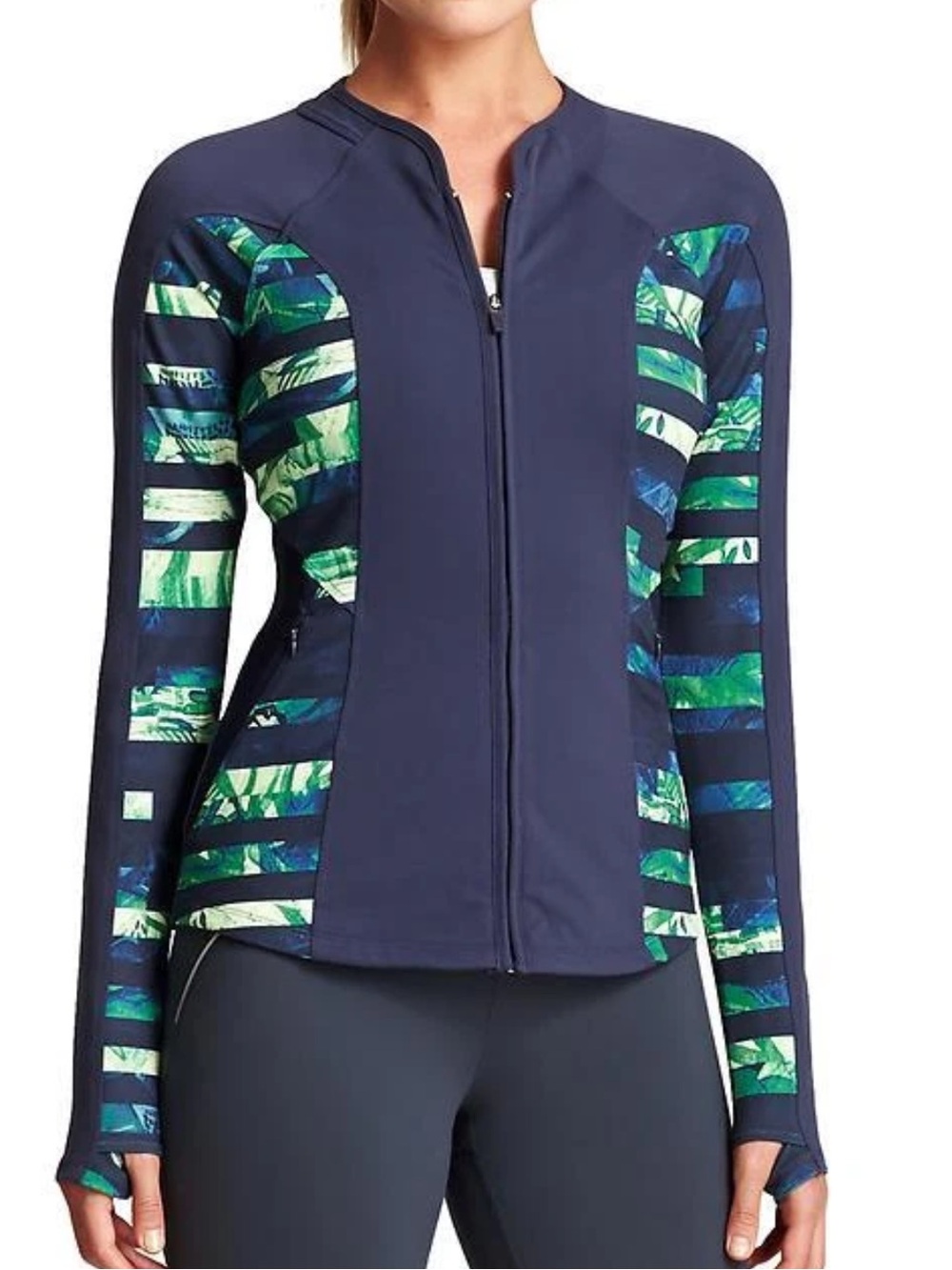 Athleta Full Tilt Jacket Womens Lg Navy Blue Mesh Panels Yoga Workout Full Zip